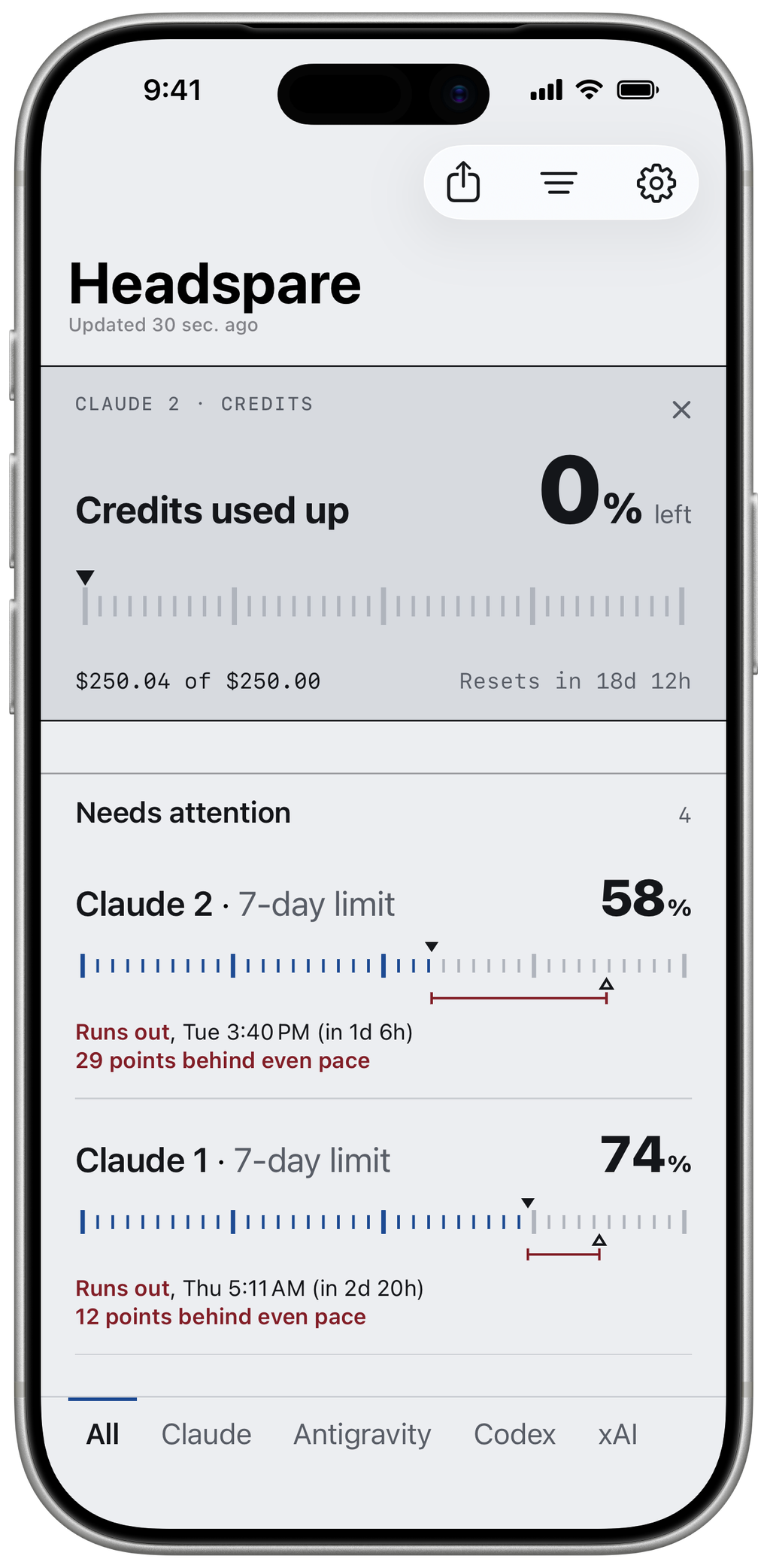 Headspare on iPhone showing the Runway list. Claude 2 credits are used up, then the Claude 2 and Claude 1 7-day limits run out, each with the time it happens and a ruler scale.